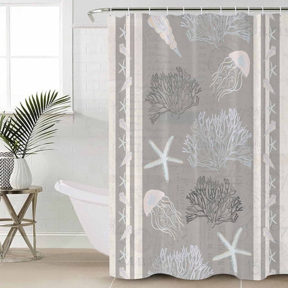 Gray Coastal Waterproof Fabric Shower Curtain, Nautical Beach Summer Sea Starfish Coral Shower Curtain for Bathroom Curtains Bathtubs Hotel Washable Shower Curtains with 12 Hooks Standard 72x72