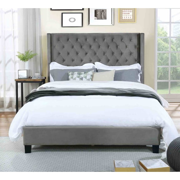 Gray Color 1pc King Size Bed Wingback Design HB Bedroom Furniture Tufted Upholstered Bedframe Transitional Style