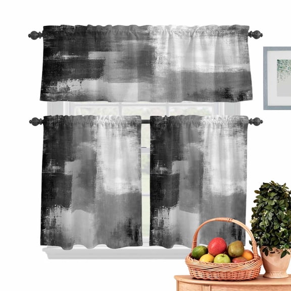 Gray Color Block Kitchen Curtains Valances 3 Piece Set, Abstract Shabby Rod Pocket Tier Curtain and Valance Drapes for Small Window 24 Inch Length for Bedroom Cafe