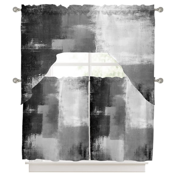 Gray Color Block Swag Valance and Tier Set of 3, Abstract Shabby Swag Curtains Valances for Small Window Treatment Rod Pocket for Kitchen Bathroom 56x36in+27.5x36*2
