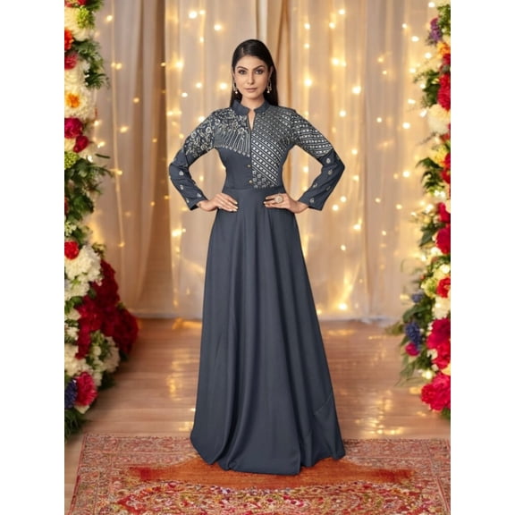 Gray Color Maslin Embroidery Traditional Designer Gown, Cultural Wear for Women, 313