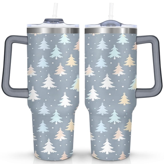 Gray Colorful Christmas Tree 40 Oz Tumbler with Handle Lid and Straw Stainless Steel Double Walled Vacuum Insulated Cup Merry Christmas Gifts Tumbler for Women Men Friends Outdoor Indoor