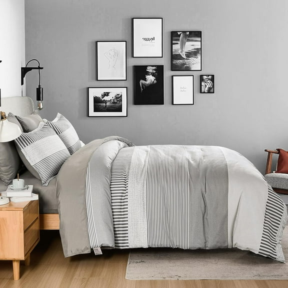 Gray Comforter Queen 7 Pieces, Classic Striped Design Comforter Set, Grey Bedding Sets for Kids/College, Simple Neutral-Style Comfortable Comforter Set