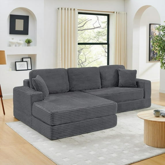 Compressed L Shape Modular Sectional Sofa, Modern Minimalist Corduroy. Unfolds into a Bed for Bedroom. Comfy and Space-Efficient - Gray
