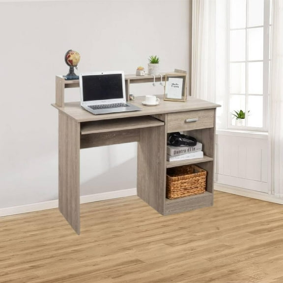 Gray Computer Desk Study Writing Desk, Office Desk, Work Desk with Drawer, Desk with Storage Shelf,Home Office Workstation PC Laptop Table with Drawer Shelf Keyboard Tray 110x50x95cm