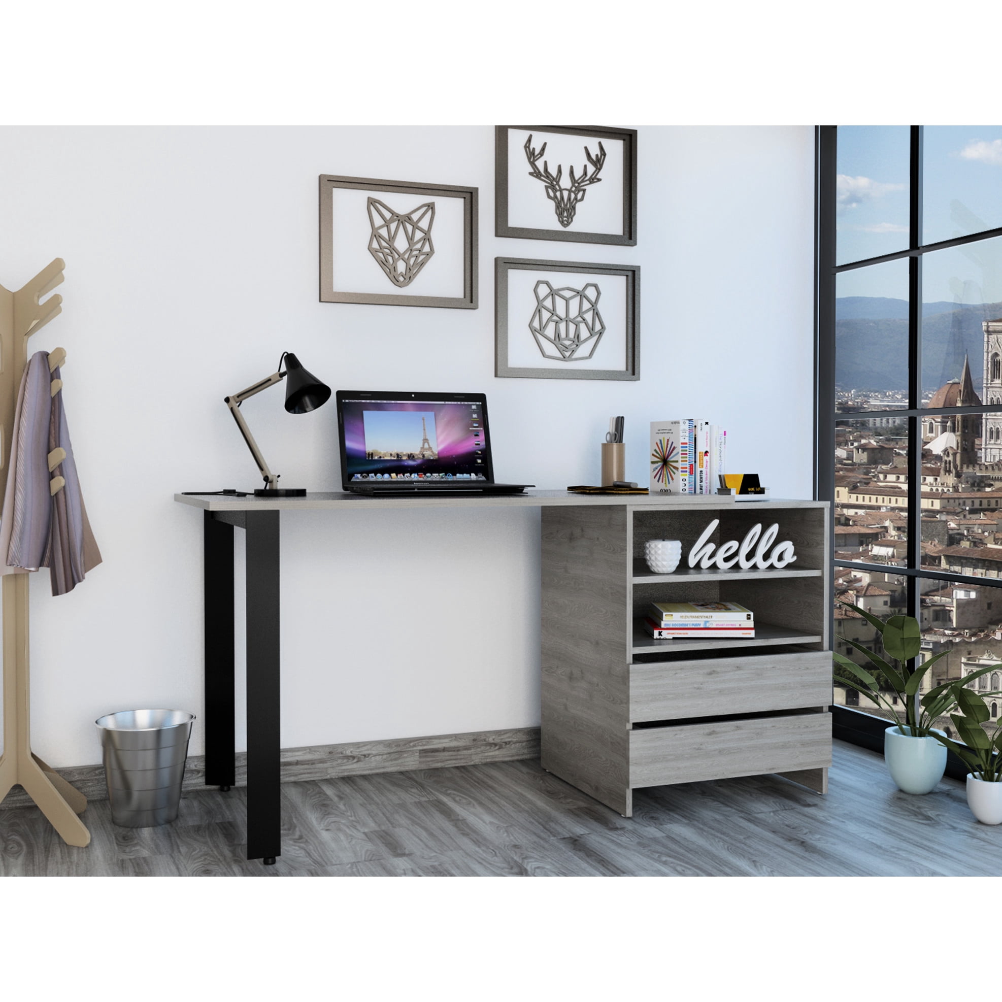 Grey Computer Desk Open Box Gray Computer Desk With 2 Drawers And Shelves For Stability Writing ...