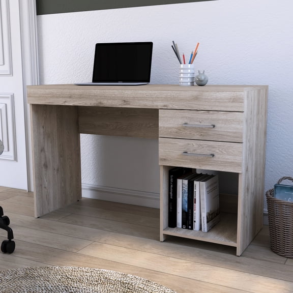 Gray Computer Desk With Two Large Drawer Compartments, 17.9"d, Quality Particle Board Build Writing Drawers, 29.5"h X Fine Creation