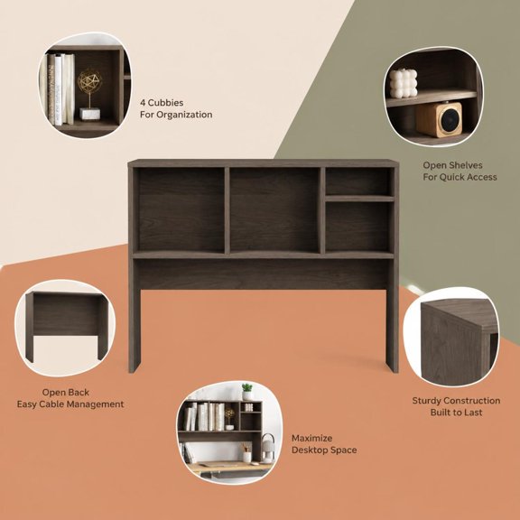Gray Computer Desktop Bookcase with 4 Cubbies, Open Back Compartment, Anti-Tipping Device