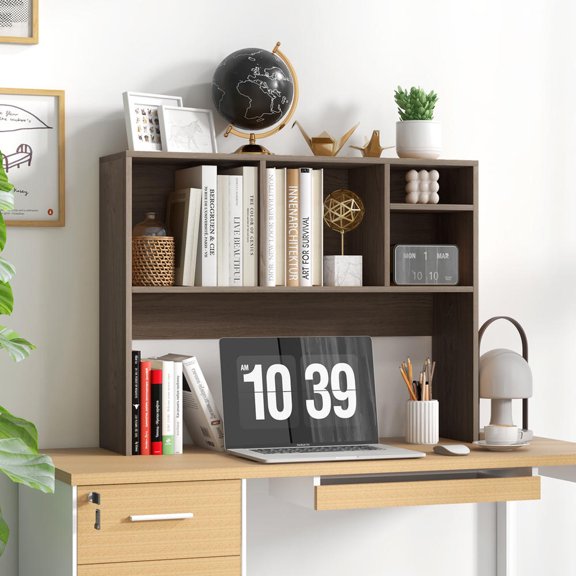 Gray Computer Desktop Bookcase with 4 Cubbies, Open Back Compartment, Anti-Tipping Device