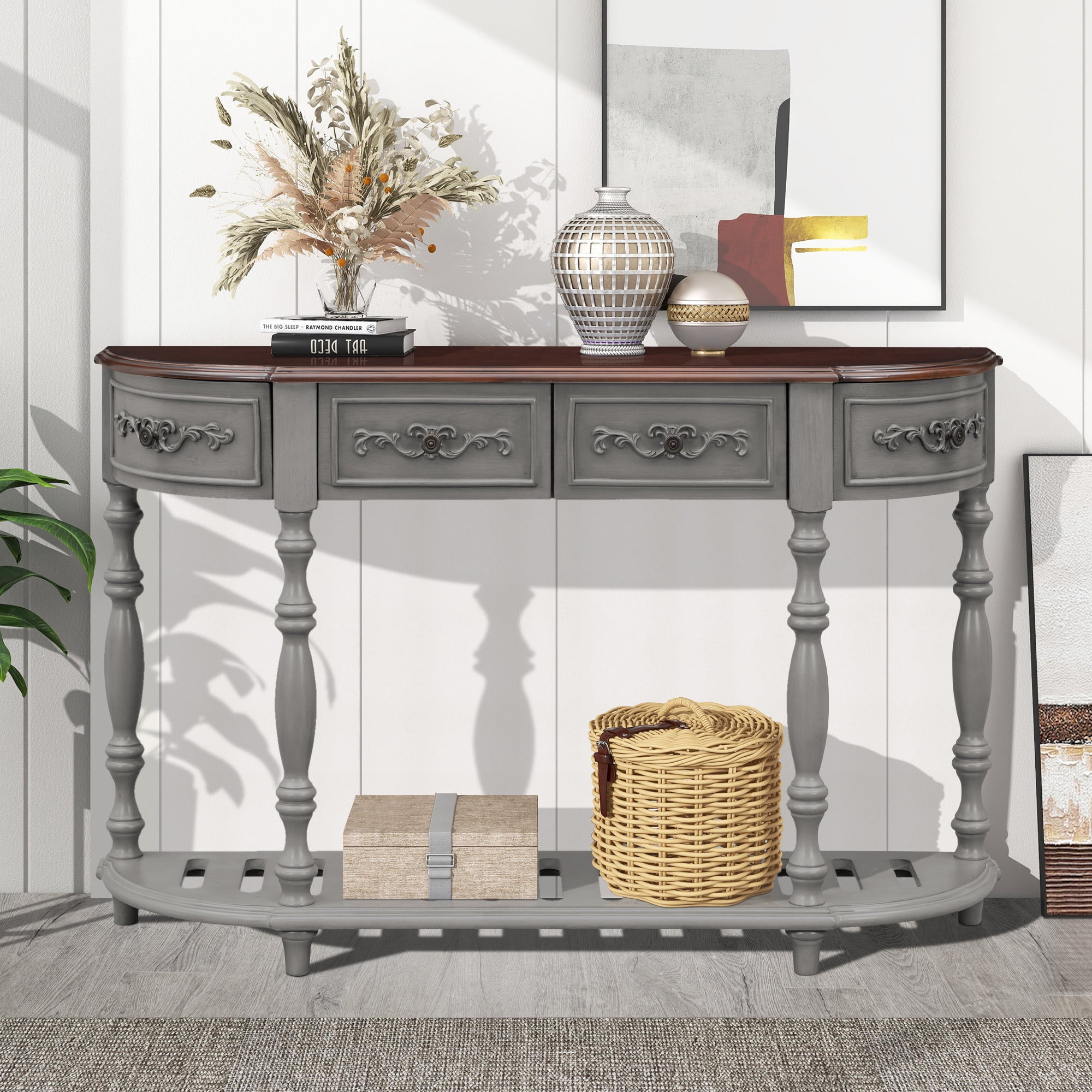 Gray Console Table with 4 Drawers, Atumon Sofa Side Table, Vintage