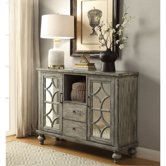 Gray Console Table With Shelves In Weathered - Modern Appearance Wooden Bun Turned Legs