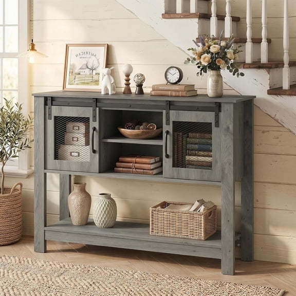 Gray Console Table with Sliding Barn Doors, Storage Cabinets, Mesh Accents, and Adjustable Shelf