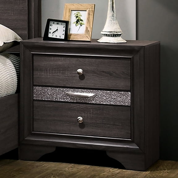 Gray Contemporary Bedside Table With Hidden Compartment Feature And Silver Pull Knob Modern Cabinet Drawer Section Accent
