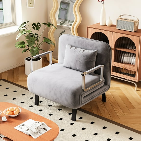 Gray Convertible Couch, 31.5″ Chair Bed With Adjustable Back, Steel Build, Velvet Upholstery For Living Room Bed, Construction, Soft Fabric Home Use
