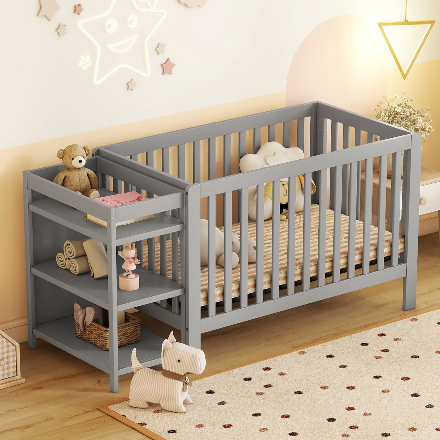 Gray Convertible Crib with Changing Table Versatile 2 in 1 Crib Adjustable Height Minimalist Design and Elegant Gray Finish in Nepal at NPR