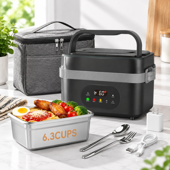 Gray Cordless Electric Heated Lunch Box with Scheduled Heating