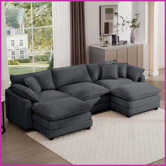 Gray Corduroy Modular L-Shaped Sofa with Ottoman  Modern Retro Deep Seating for Living Room