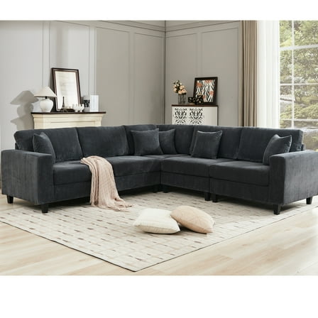 Gray Corduroy Upholstered Modular Sectional , 5 Seat With Back Cushions, Living Room Couch L Shaped For Home