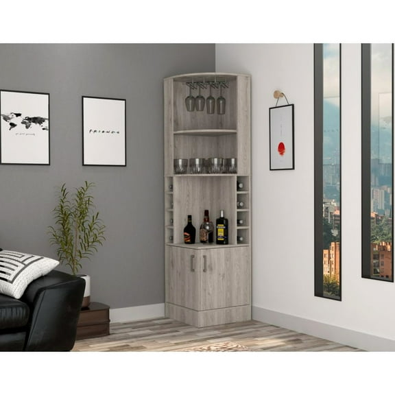 Gray Corner Bar Holder Cabinet, 8 Bottle , Double Door, 2 Open Shelves, 12 Wine Glass Rack - Dining Room Piece Cabinet With Touch, Eye-catcher