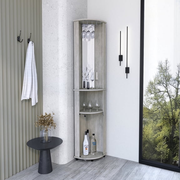 Gray Corner Bar for Liquor Storage | Display Collection through Glass Doors | Pine Main Structure | Solve Home Space Issue