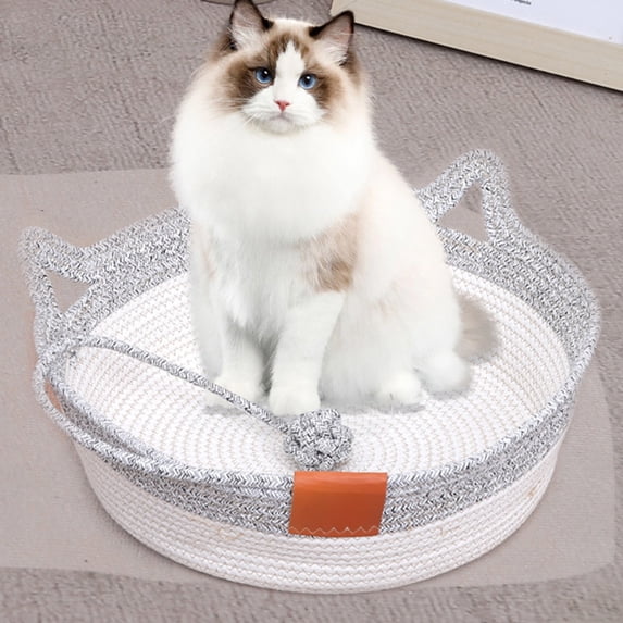 Gray Cotton Rope Pet Bed with Crochet Toy, Breathable Summer Cat Nest for Small Pets, Handwoven Round Bed with Play Feature, Lightweight and Washable, 13.7in