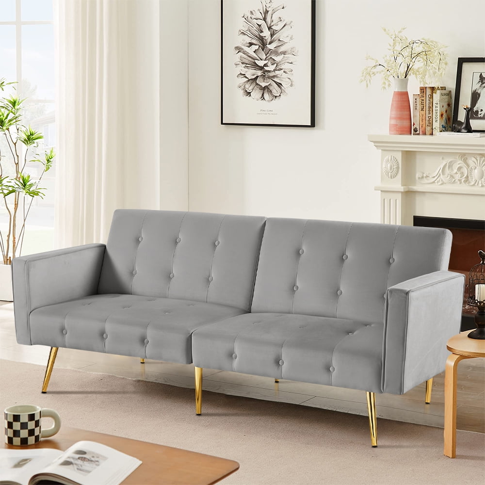 Gray Couch, KAMIDA Convertible Futon Sofa Bed, Velvet Sofa Bed Sleeper