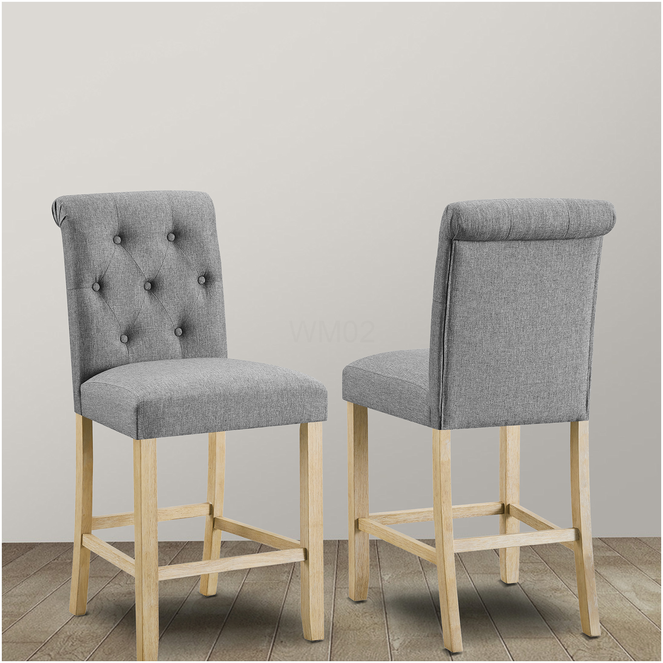Button Back Stools Gray Counter Height Button Tufted Back Stools, Set of 2 with Solid Wood ...