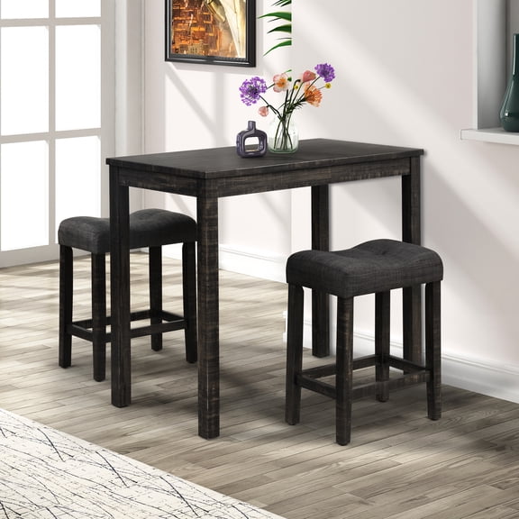 Gray Counter Height Dining - 3 Piece, Saddle Stools With Contoured Seats & Table Strong Rubberwood Legs 3 Button Tufting Resilient