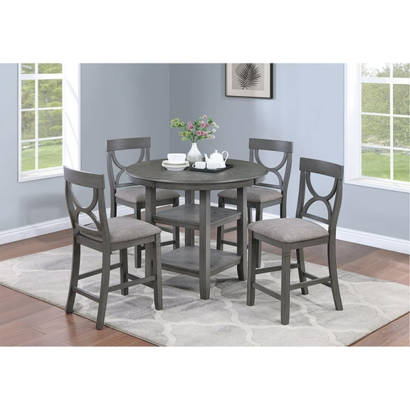 Gray Counter Height Dining, 5pc , Round Table, Padded Chairs, Storage Area, Modern Dining 4 Function