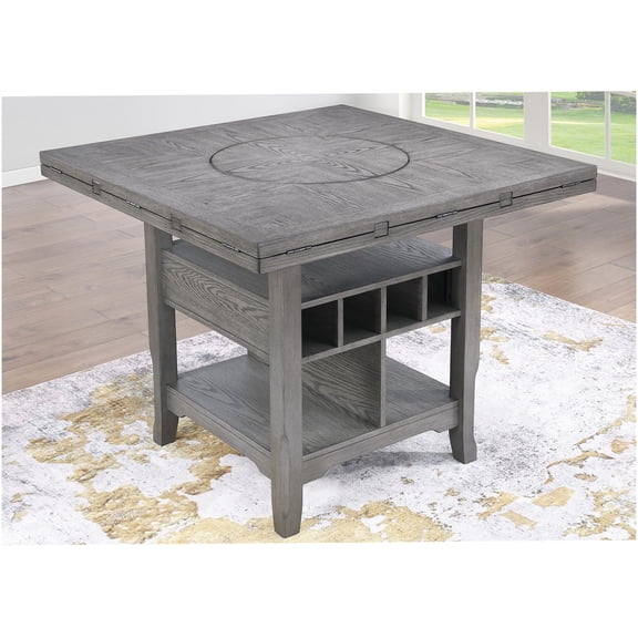 Gray Counter Height Dining Table with Drop Leaf, Lazy Susan and Storage Shelf, Modern Functional Kitchen Table for 6