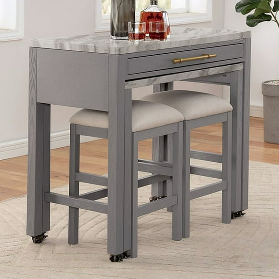 Gray Counter Height Table, Faux Marble, Solid Wood, , Slide-out Extension, Felt-lined Drawer, Chic, Seating For 4 People Modern Rectangular Dining Table With Marble In