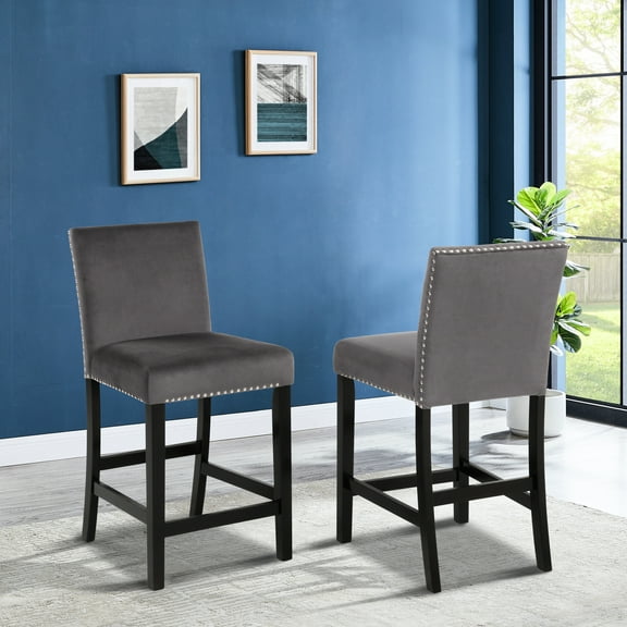 Gray Counter Stools ( Of 2) - Velvet Padded Seats, Decorative Nailhead Trim, Dark Rubber Wood, 18.5"w X 22.52"d 40"h, 26" Seat 2 Stool In Soft Attractive Legs, Elevation