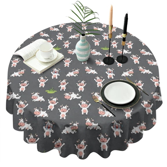 Gray Cow Grass Pattern Round Tablecloth 60"x60",Wrinkle Wipeable Table Cloth for Kitchen Dining Room Picnic Patio Party