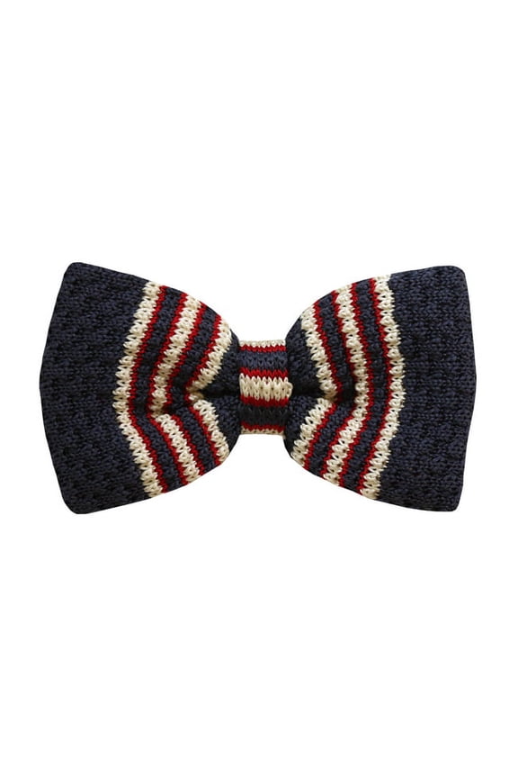 Gray, Cream and Red Striped Men's Knit Pre-Tied Bow Tie