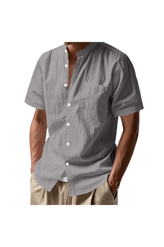 Gray Crewneck Collared Neck Faux Linen Tee Shirts for Man Summer Fall Short Sleeve Lounge Basic Tops Shirts Man Button 2026 Clothing Y2K 3XL