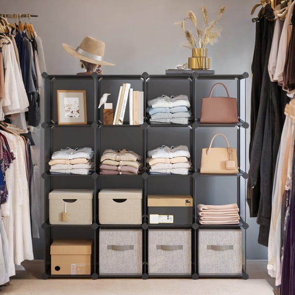 SONGMICS Gray Cube Storage Organizer Set of 16 Plastic Cubes. Functions as a Book Shelf and Closet Organizer. Sized 12.2 x 48.4 x 48.4 Inches