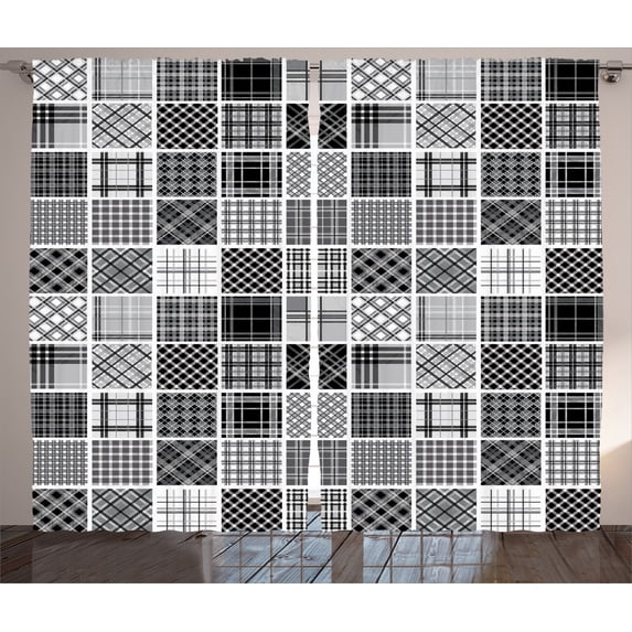 Ambesonne Grey Curtains 2 Panel Set, Plaid Patchwork Retro, 108" x 84", White Black Grey
