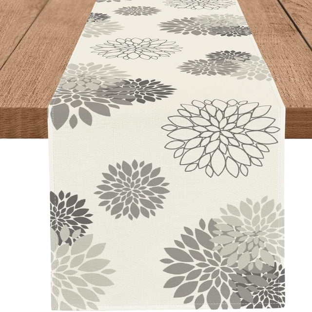 Gray Dahlia Table Runner Modern Elegant Flower Beige Table Runners Geometric Pompon Farmhouse Coffee Table Center Decor for Home Kitchen Dining Party Indoor Outdoor (13x72 Inch)