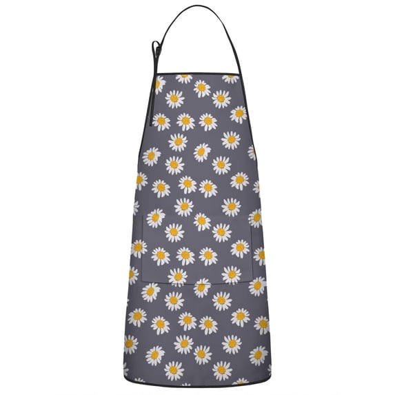 Gray Daisy Flower Pattern Apron-Garden Aprons for Women with Pockets-Cotton Linen Waterproof Kitchen Cooking Gardening Aprons Adjustable for Kitchen,Cooking,BBQ and Salon 33x27 Inch
