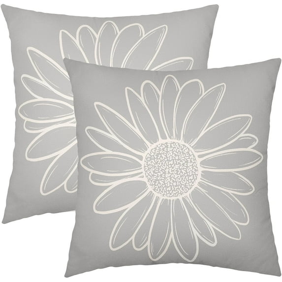 Gray Daisy Flower Pillow Covers 16x16 Inch Set of 2 Spring Summer Floral Bloom Decorative Throw Pillows Seasonal Cotton Linen Pillow Cases Farmhouse Home Decor for Cushion Couch Sofa Outdoor