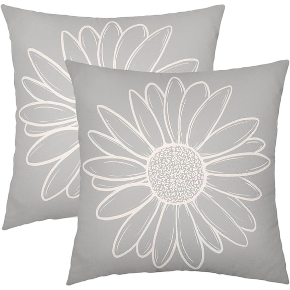Gray Daisy Flower Pillow Covers 16x16 Inch Set of 2 Spring Summer Floral Bloom Decorative Throw Pillows Seasonal Cotton Linen Pillow Cases Farmhouse Home Decor for Cushion Couch Sofa Outdoor