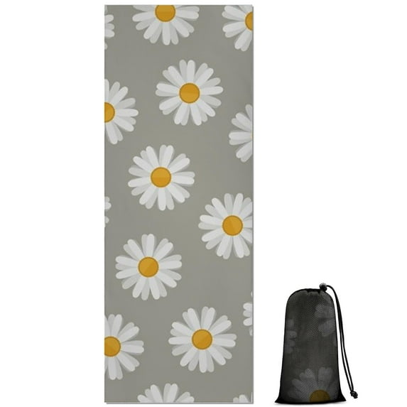Gray Daisy Flower White Blooms Pattern Hot Yoga Mat Towel Non Slip for Hot Yoga - Quick-Drying Yoga Mat Cover with 4 Corner Pockets with Travel Bag - Hot Yoga Towel Non Slip 70"x26"