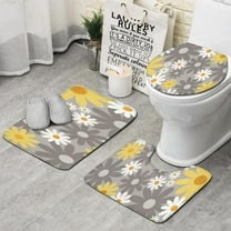Gray Daisy Flower Yellow Blooms Pattern Bathroom Rugs Sets 3 Piece,Toilet Cover Set,Absorbent Non Slip Bathroom Mats Sets with U-Shaped Contour Rug Toilet Rug Set
