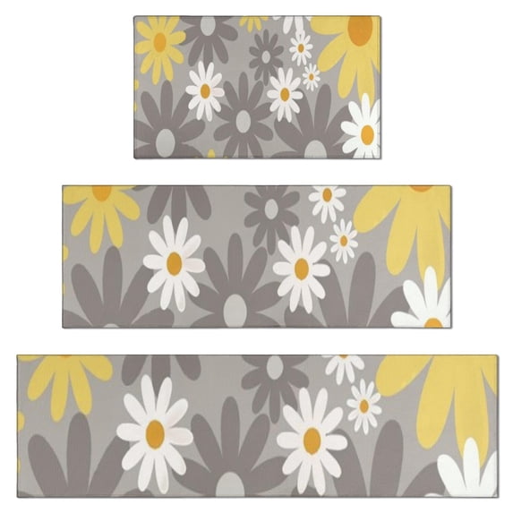 Gray Daisy Flower Yellow Blooms Pattern Kitchen Rugs Sets Of 3,Kitchen Runner Rugs Non Skid Washable,Decorative Kitchen Floor Mats for Kitchen,Sink,Laundry,17"x30"+ 17"x47" + 17"x59"