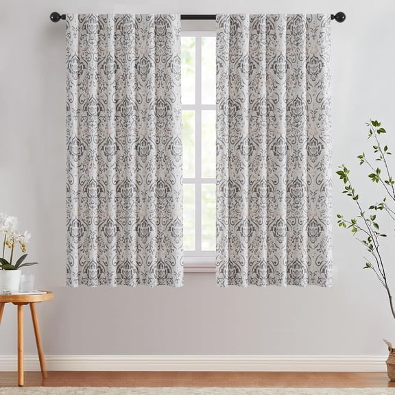 Gray Damask Blackout Curtains 63 Inch Length, Grey Floral Vintage Medallion Pattern Room Darkening Drapes for Bedroom, Back Tab Thermal Insulated Window Treatments Sets, 2 Panels