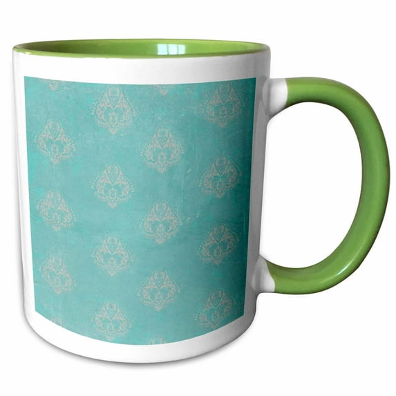 3drose, Gray Damask on a Blue Background, 15oz Two-tone Green Mug