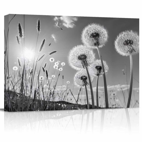 Gray Dandelion Canvas Print Wall Art Flower Leaf Sun Sky Natural Plants Pictures Painting Morden Artwork for Living Room Bedroom, Ready to Hang - 12"x16"