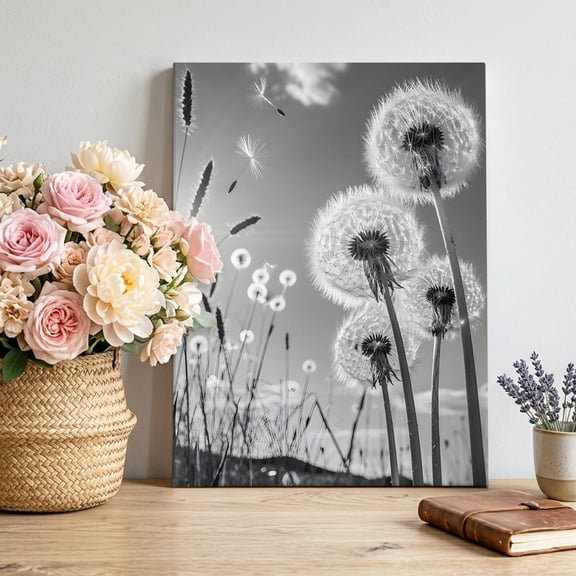 Gray Dandelion Canvas Wall Art, Flower Leaf Sun Sky Natural Plants Pictures Wall Decor Wooden Framed Artwork Art Prints for Living Room Hallway Bedroom Office 8"x12"
