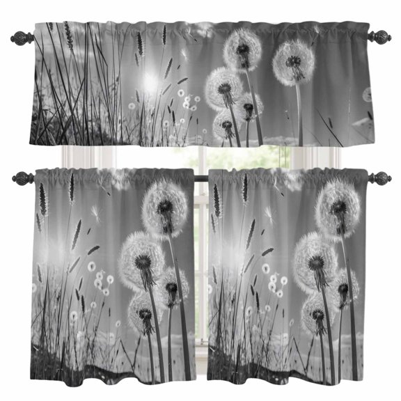 Gray Dandelion Curtain Valances Set Flower Leaf Sun Sky Natural Plants Kitchen Curtains 24 inch Length Rod Pocket Valance and Tiers 3 Piece Set Bedroom Bathroom Laundry Decor