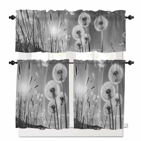 Gray Dandelion Window Curtains Valance Set of 3 Flower Leaf Sun Sky Natural Plants Rod Pocket Small Kitchen Curtain, Soft Window Treatment for Bedroom Party Holiday Decor